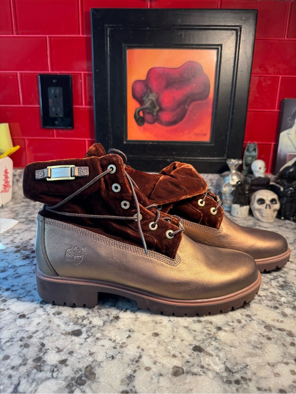 Timberland Metallic Copper Brown Velvet Collar Boots